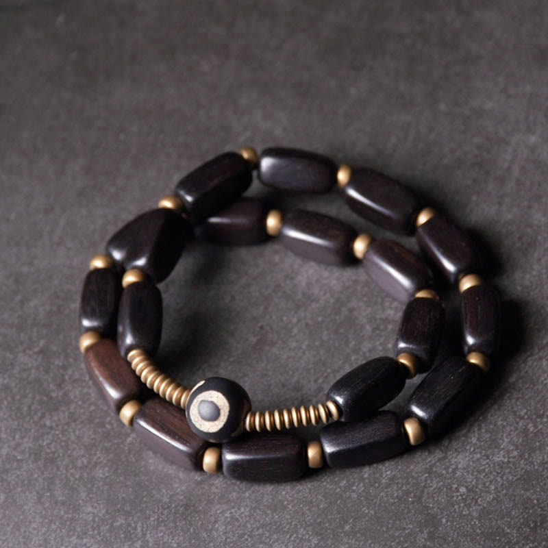Buddha Stones Tibetaanse ebbenhouten Dzi-kraal koperen balans dubbele Armband - Ronde Dzi-kraal van ebbenhout - 17-17,5 cm (dubbele wikkel) - image 0