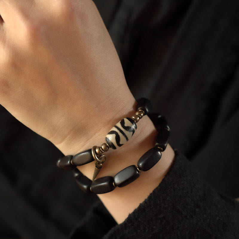 Buddha Stones Tibetaanse ebbenhouten Dzi-kraal koperen balans dubbele Armband - image 15