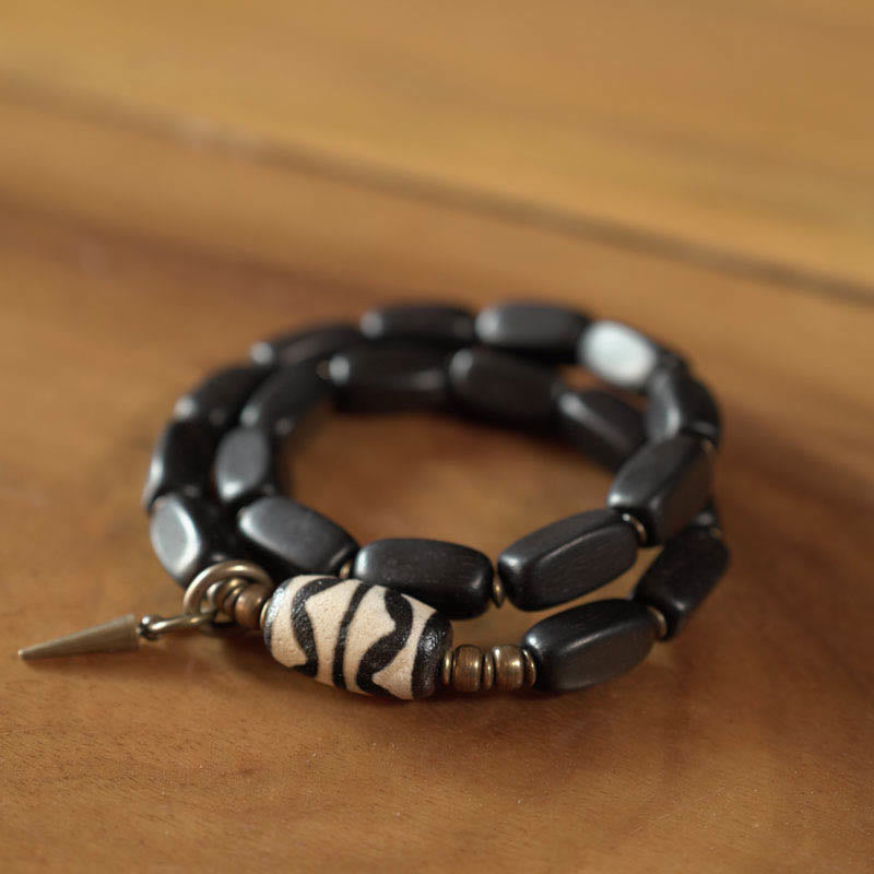 Buddha Stones Tibetaanse ebbenhouten Dzi-kraal koperen balans dubbele Armband - image 10