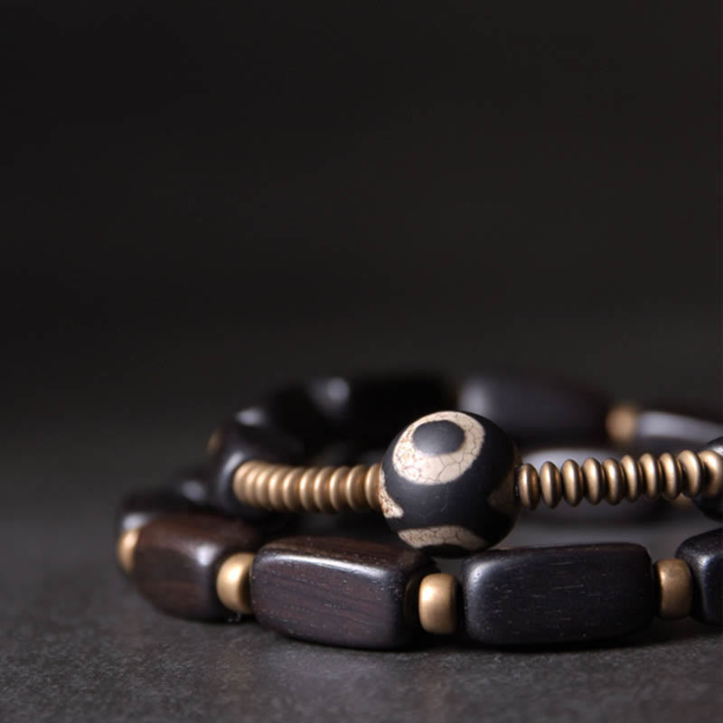 Buddha Stones Tibetaanse ebbenhouten Dzi-kraal koperen balans dubbele Armband - image 1