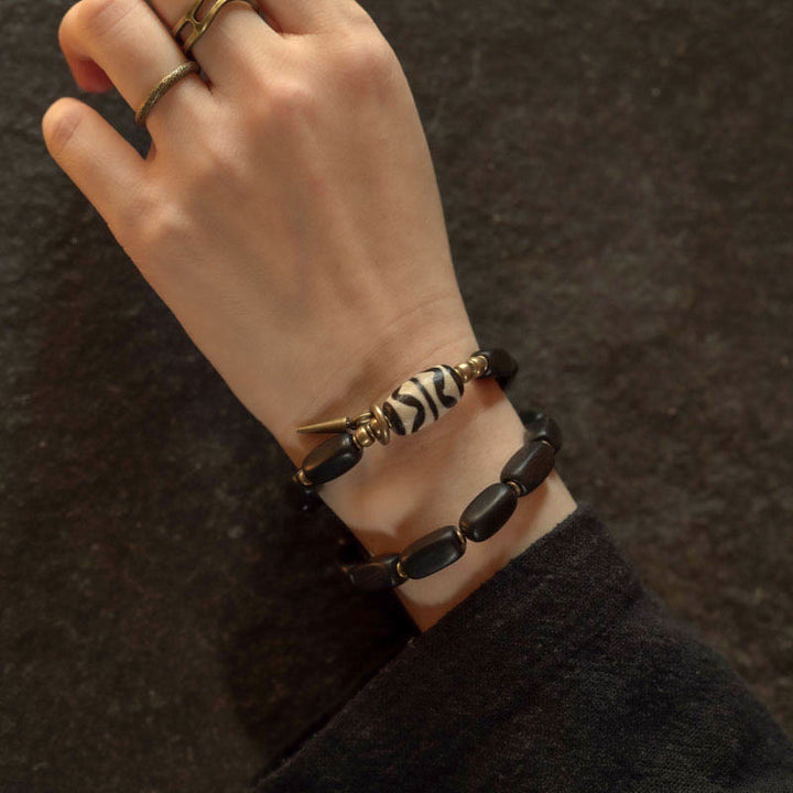 Buddha Stones Tibetaanse ebbenhouten Dzi-kraal koperen balans dubbele Armband - image 16