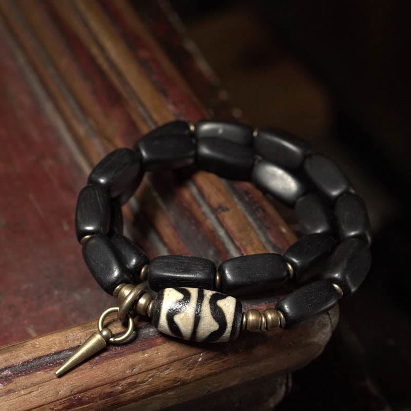 Buddha Stones Tibetaanse ebbenhouten Dzi-kraal koperen balans dubbele Armband - image 9