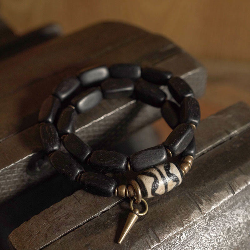 Buddha Stones Tibetaanse ebbenhouten Dzi-kraal koperen balans dubbele Armband - image 8