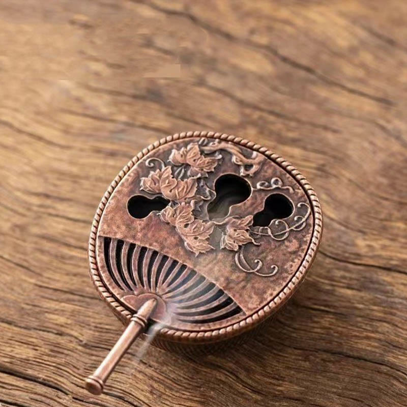 Buddha Stones Kleine mini Waaier pipa koperlegering Wierook decoratie met Wierook - Rode bronzen Waaier 3,8*5,7*3,8 cm - image 1