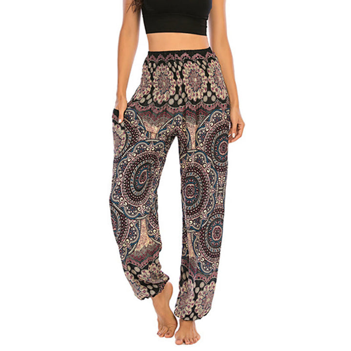 Buddha Stones Boho losse ronde harembroek met geometrisch patroon, yogabroek voor dames - Zwart Beige - US2-8/10, UK/AU6-12/14, EU34-40/42 (F) - image 0