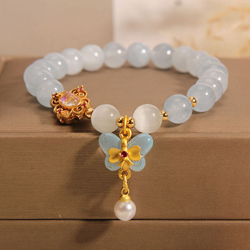 Buddha Stones Aquamarijn kattenoog helende vlinder parel Armband - image 4