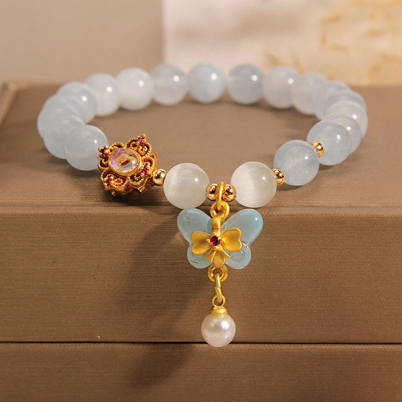 Buddha Stones Aquamarijn kattenoog helende vlinder parel Armband - Aquamarijn (Polsomtrek 14-16 cm) - image 0
