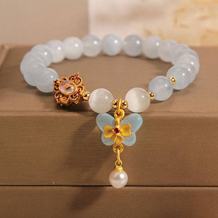Buddha Stones Aquamarijn kattenoog helende vlinder parel Armband - Aquamarijn (Polsomtrek 14-16 cm) - image 0