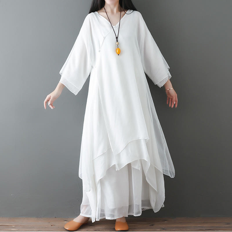 Buddha Stones Midi - Tuniek met V-hals, wijde pijpen, kleding voor meditatie, zen-oefeningen en dans. - 2-delige witte set (jurk en broek) - US12, UK/AU16, EU44 (2XL) - image 0