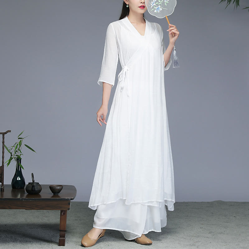 Buddha Stones Hanfu-stijl Midi -jurk met wijde pijpen, geschikt voor meditatie, zen, yoga en dans. - Midi jurk (alleen de jurk) - US8-10，UK/AU12-14，EU40-42 (2XL) - image 0