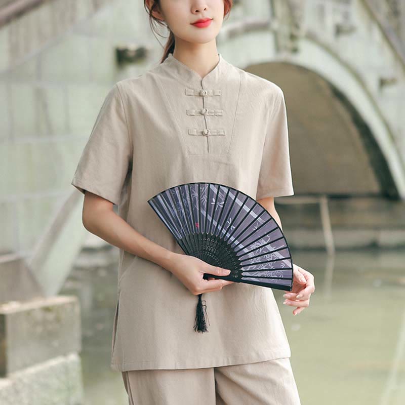 Buddha Stones 2-delige dameskleding set bestaande uit een shirt met Korte mouw, een top en een broek, geschikt voor meditatie, zen en tai chi, van katoen en linnen. - Khaki (Top & Broek) - US18, UK/AU22, EU50 (6XL) - image 0