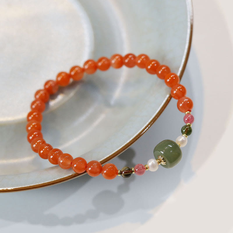 Buddha Stones Armband met kralen van natuurlijke rode agaat Hetian jade voor zelfvertrouwen en rust. - Rode agaat (Polsomtrek 14-16 cm) - image 0