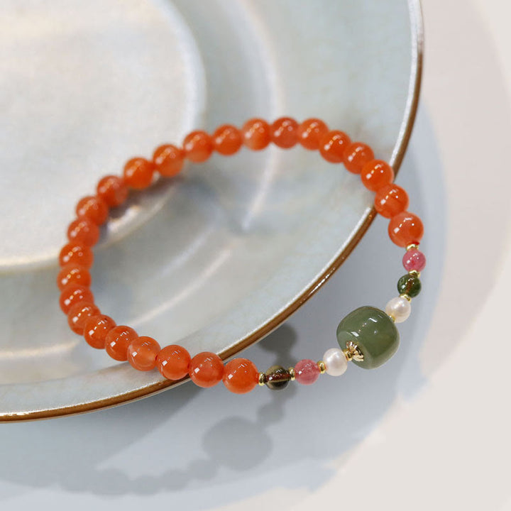 Buddha Stones Armband met kralen van natuurlijke rode agaat Hetian jade voor zelfvertrouwen en rust. - Rode agaat (Polsomtrek 14-16 cm) - image 0