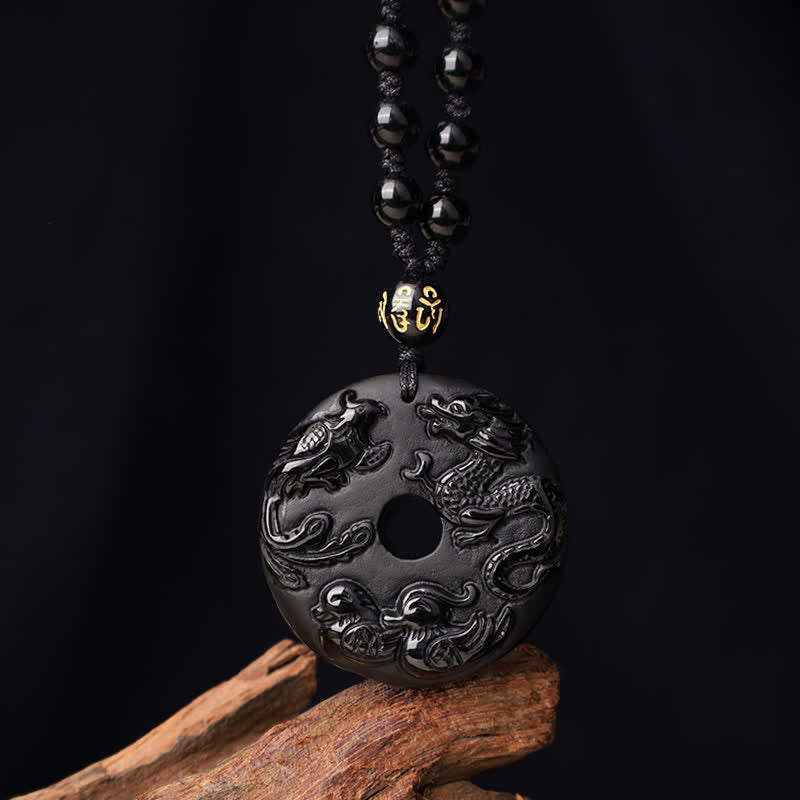 Buddha Stones Ketting met zwarte obsidiaan draak, feniks, mandarijneend, geluk en bescherming. - image 0