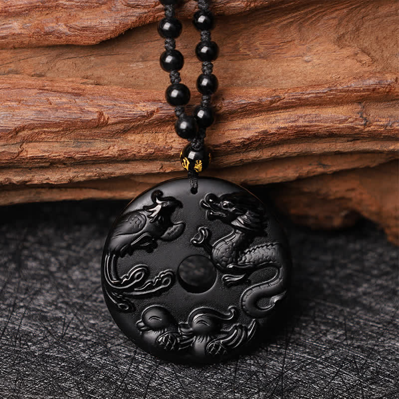 Buddha Stones Ketting met zwarte obsidiaan draak, feniks, mandarijneend, geluk en bescherming. - 50 mm ketting van zwarte obsidiaan en kralen - image 1
