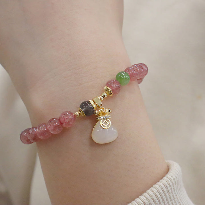 Buddha Stones Natuurlijke aardbeikwarts jade vredesgesp portemonnee Portemonnee Armband - Armband met aardbeienkristallen Portemonnee ( Polsomtrek: 14-16 cm) - image 1