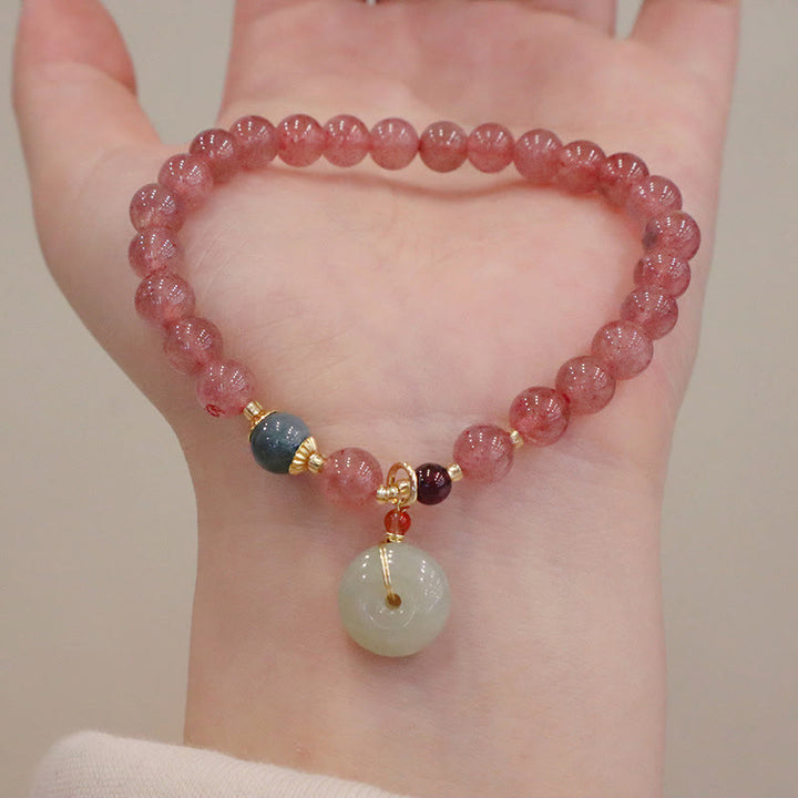 Buddha Stones Natuurlijke aardbeikwarts jade vredesgesp portemonnee Portemonnee Armband - Armband met aardbeienkristallen vredesgesp (Polsomtrek: 14-16 cm) - image 5