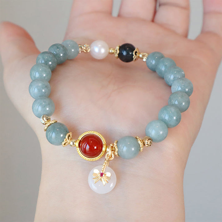 Buddha Stones Natuurlijke jade, rode agaat, parel, strik, Armband - image 3
