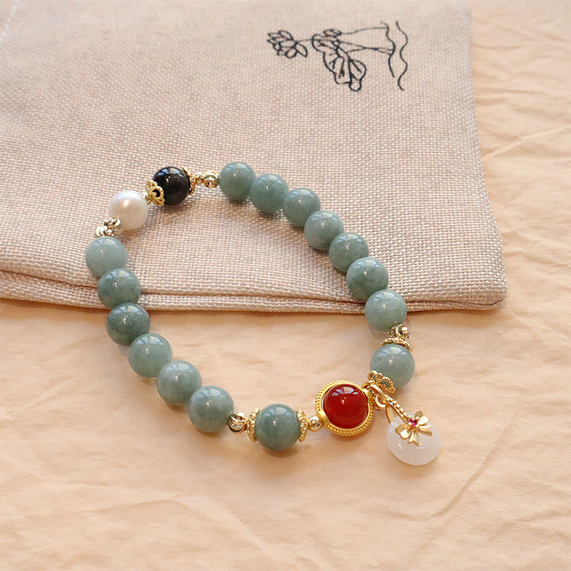 Buddha Stones Natuurlijke jade, rode agaat, parel, strik, Armband - Armband met strik van jade kralen (Polsomtrek: 14-16 cm) - image 0
