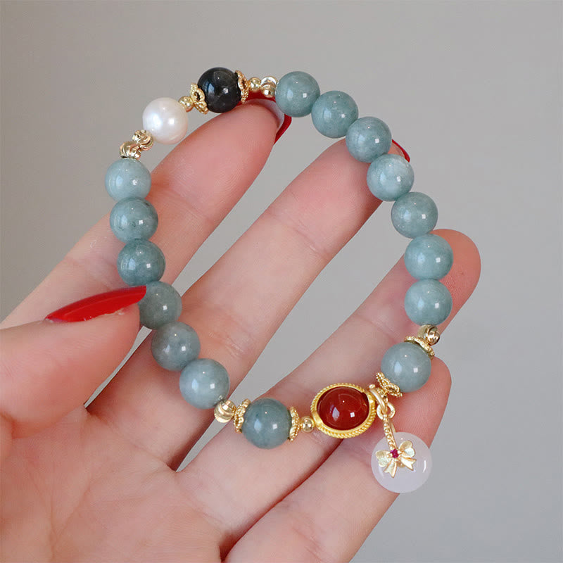 Buddha Stones Natuurlijke jade, rode agaat, parel, strik, Armband - image 8