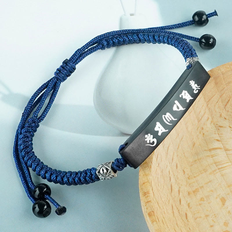 Buddha Stones Boeddhistische Zes Ware Woorden Houten Ebbenhouten Zilveren Inleg Armband - Armband van ebbenhout met zilveren inleg (Polsomtrek: 14-19 cm) - image 0