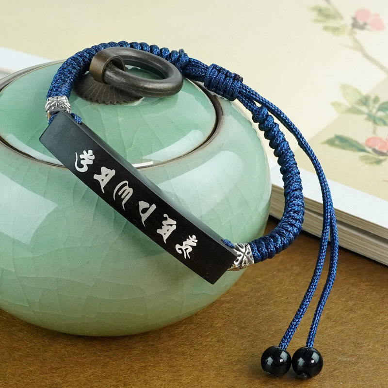 Buddha Stones Boeddhistische Zes Ware Woorden Houten Ebbenhouten Zilveren Inleg Armband - image 1