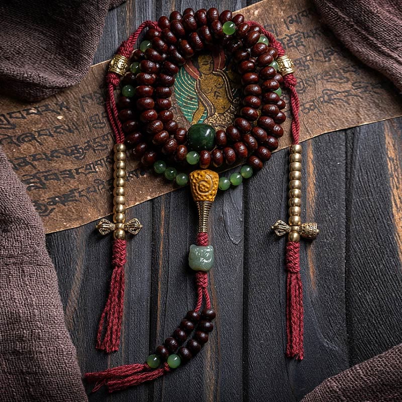 Buddha Stones Natuurlijke Tibetaanse Mala met 108 kralen, paarse bodhizaadjes, hetian, cyaan jade en koperen dorje Armband. - Niet-elastisch katoenen touw - 9mm - image 0