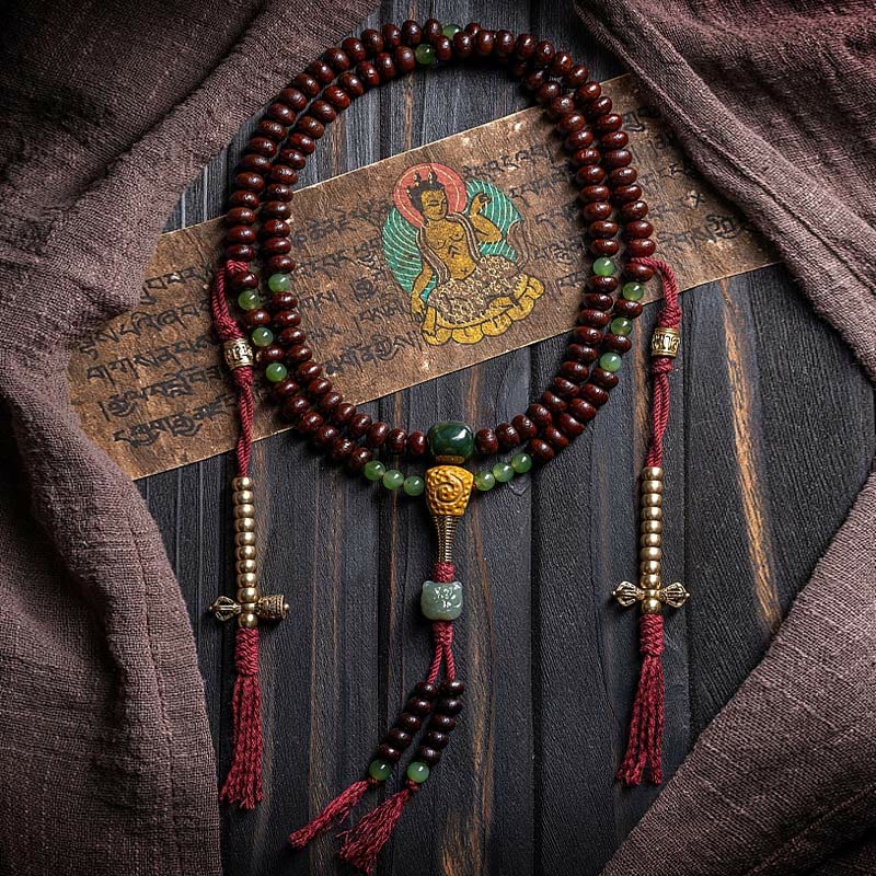 Buddha Stones Natuurlijke Tibetaanse Mala met 108 kralen, paarse bodhizaadjes, hetian, cyaan jade en koperen dorje Armband. - image 1