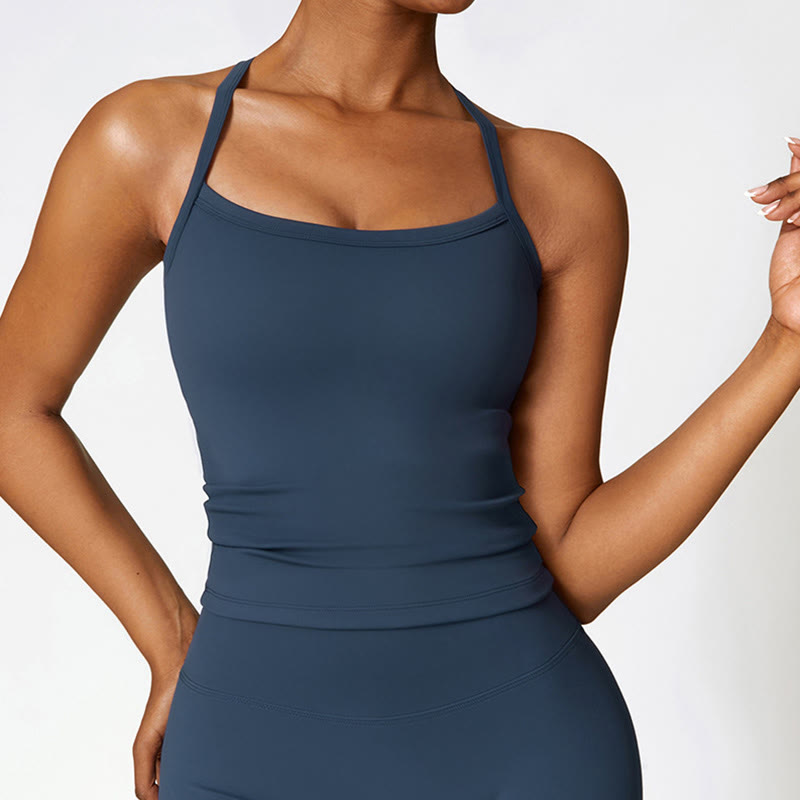Buddha Stones Effen crop tanktop met hoge Taille en shorts, geschikt voor sport, fitness, gym en yoga. - Donkerblauw - Bovenkant - US8-10, UK/AU12-14, EU40-42 (XL) - image 0