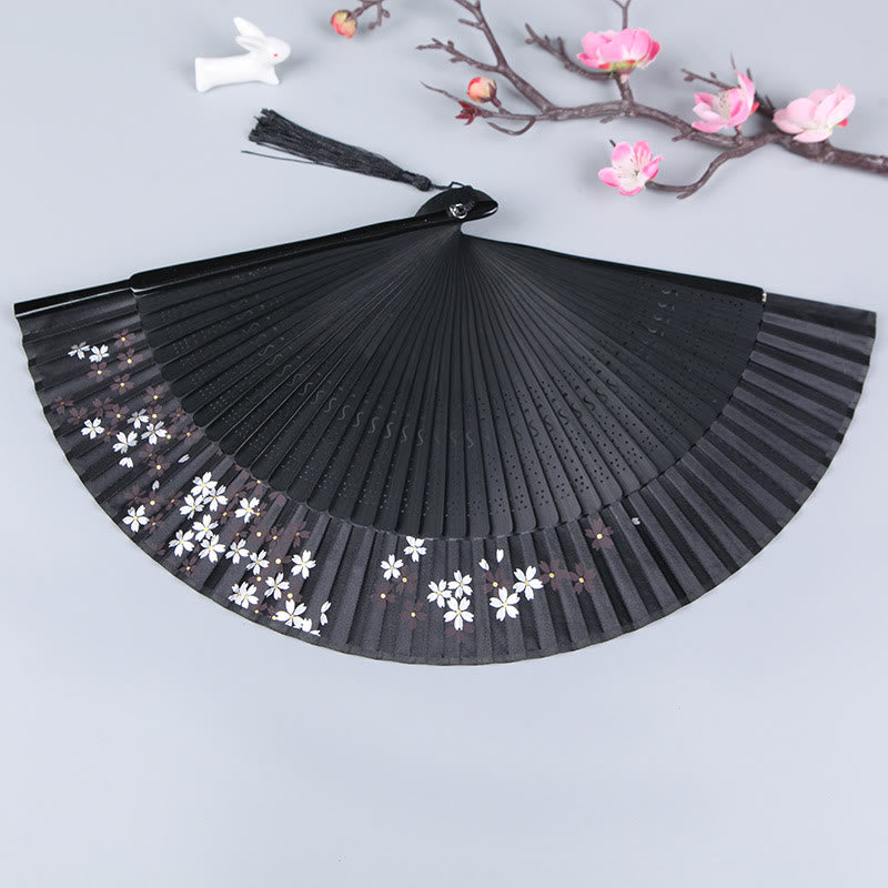 Buddha Stones Waaier van zijde en bamboe met kersenbloesem, sakura- en camelia-motief, 21 cm - image 2