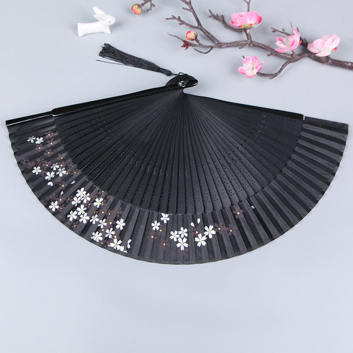 Buddha Stones Waaier van zijde en bamboe met kersenbloesem, sakura- en camelia-motief, 21 cm - image 2