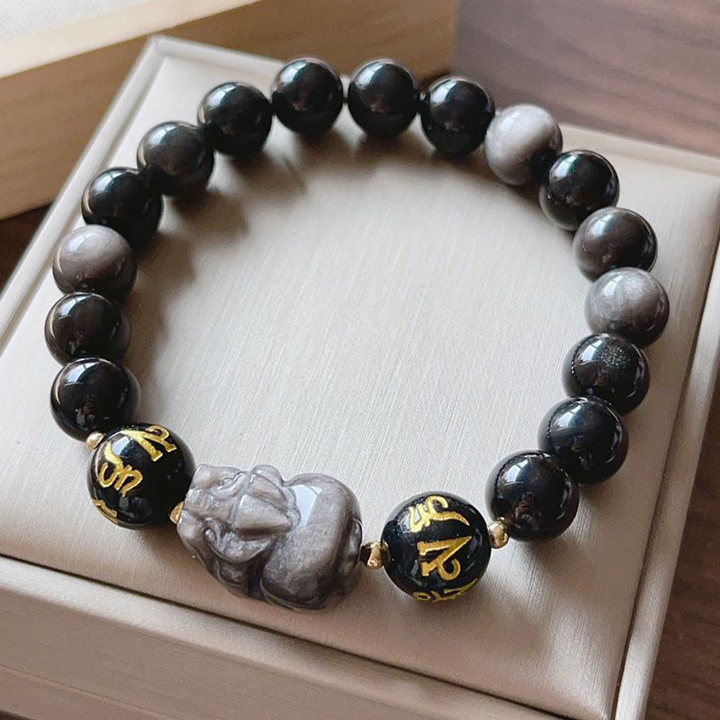 Buddha Stones Natuurlijke zilverglans obsidiaan zwarte obsidiaan Om Mani Padme Hum PiXiu Armband - Zilverglanzende obsidiaan PiXiu(Polsomtrek 14-16 cm) - image 0