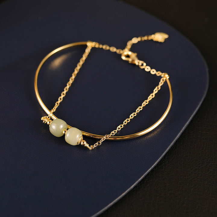 Buddha Stones Kopergeplateerde gouden Hetian jade kralen Bangle-armband met dubbele laag - Hetian jade twee kralen (Polsomtrek 14-15 cm) - image 8