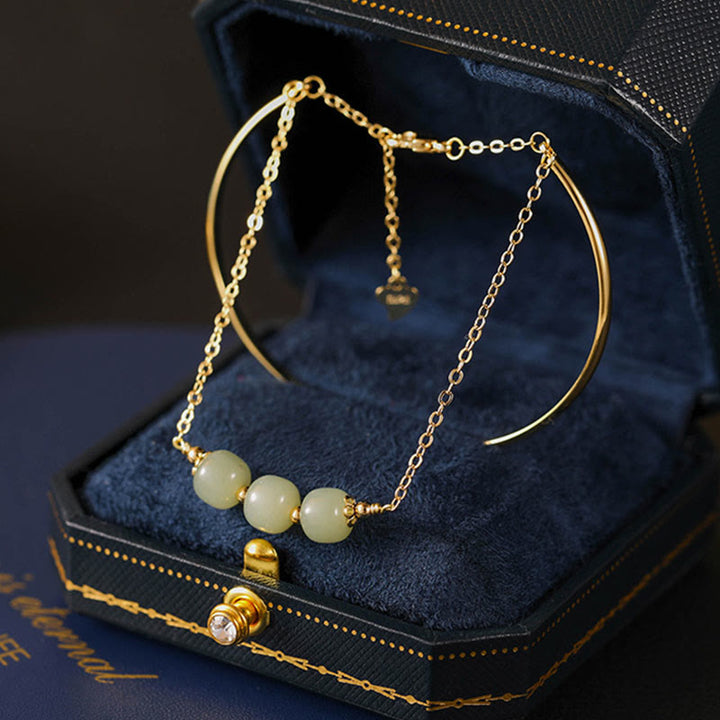 Buddha Stones Kopergeplateerde gouden Hetian jade kralen Bangle-armband met dubbele laag - Hetian jade driekralen (Polsomtrek 14-15 cm) - image 0