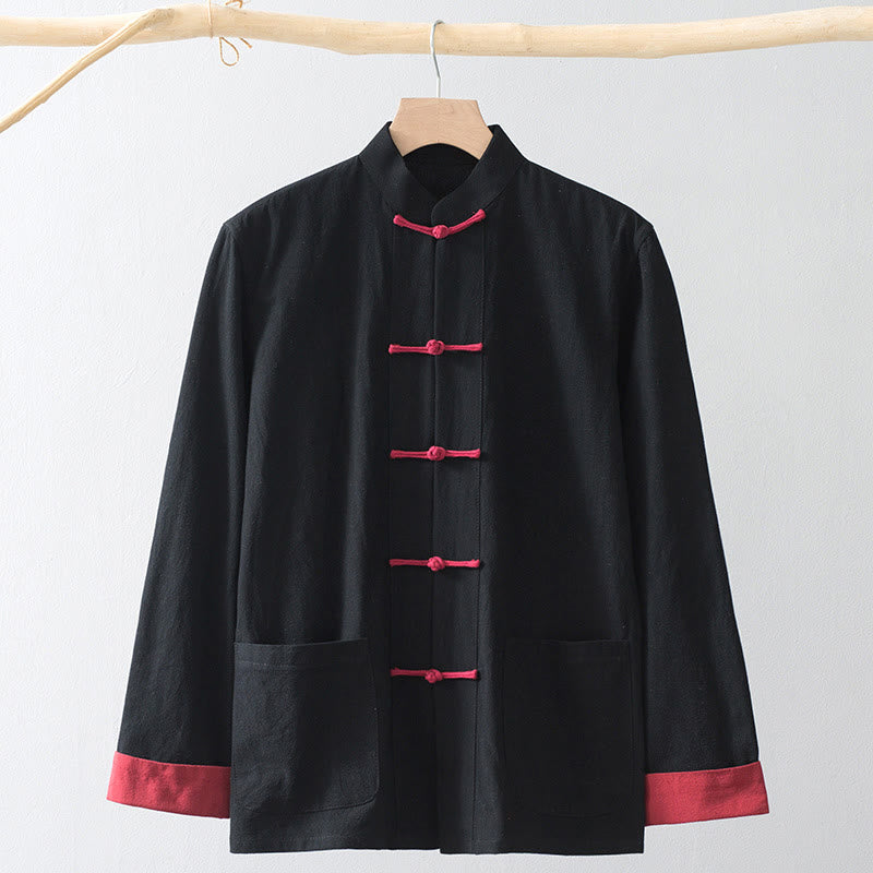 Buddha Stones Overhemd met kikkerknopen in Chinese Tang-stijl, katoen-linnen herenjas. - Zwart shirt met rode kikkerknop - US/UK/AU44, EU54 (4XL) - image 0
