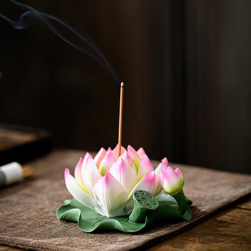 Buddha Stones Lotusbloembladpeul Spirituele Genezing Keramische Wierook Decoratie - Lotusroze rand 10,5*4,7 cm - image 0