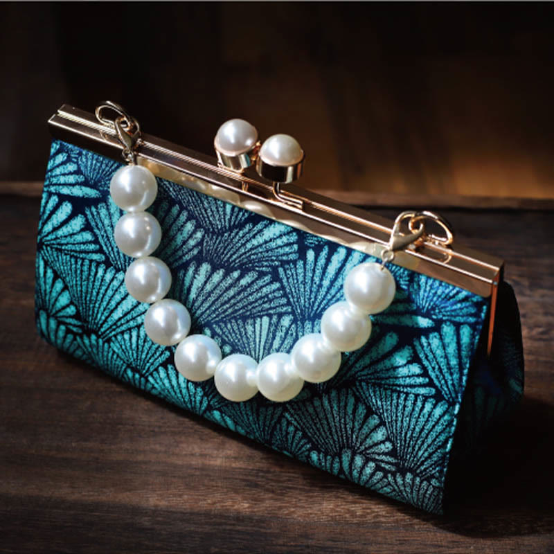 Buddha Stones Vintage Handtas van parelmoer met pauwenblauw bladpatroon - image 3