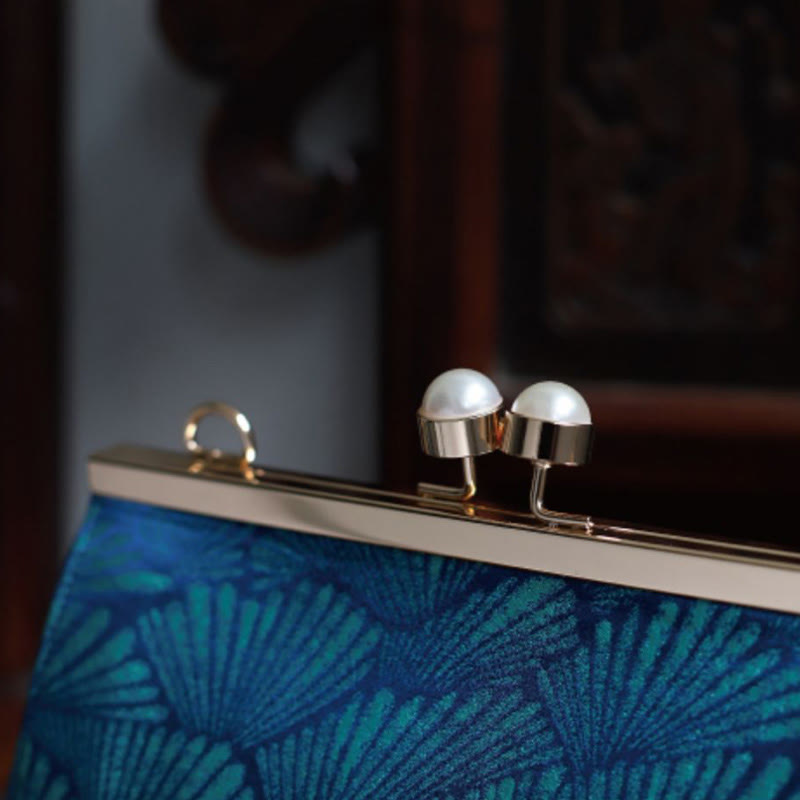 Buddha Stones Vintage Handtas van parelmoer met pauwenblauw bladpatroon - image 6