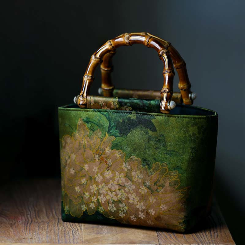 Buddha Stones Handtas met gele vogeltakken, groene pioenroos en bamboe Handtas - Groene pioenroos 16-23*14*11cm - image 15