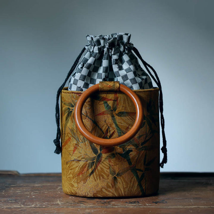 Buddha Stones Bamboeblad vlinder kersenbloesem kaki handtas met houten Handtas - image 8