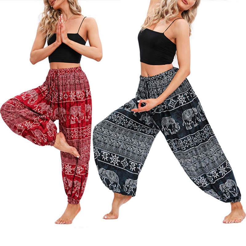 Buddha Stones Casual losse harembroek met olifantenmotief en geometrisch patroon, geschikt voor dames, yogabroek. - image 0