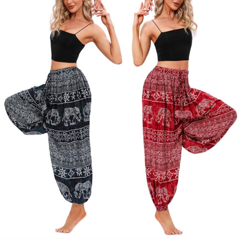 Buddha Stones Casual losse harembroek met olifantenmotief en geometrisch patroon, geschikt voor dames, yogabroek. - image 1