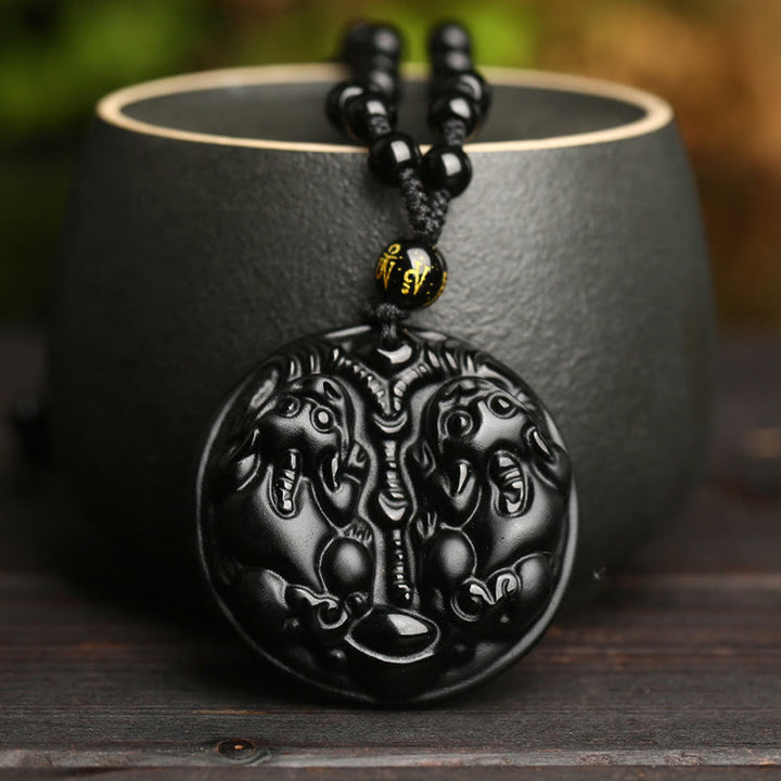 Buddha Stones Zwarte obsidiaan dubbele PiXiu kraal touw Ketting hanger - image 4