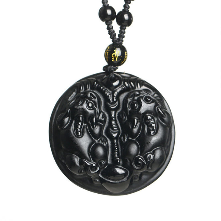 Buddha Stones Zwarte obsidiaan dubbele PiXiu kraal touw Ketting hanger - image 6