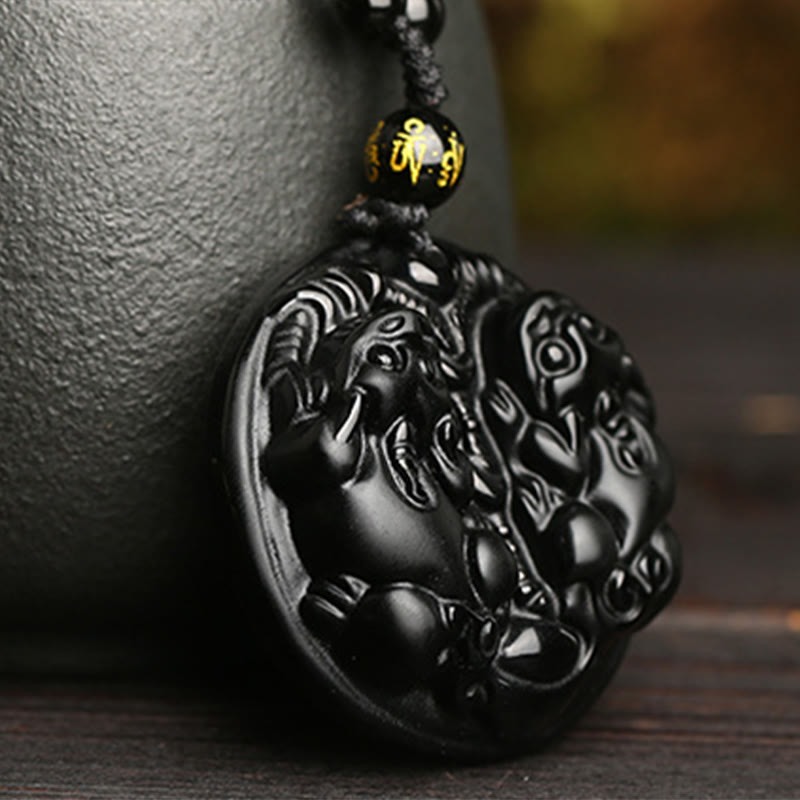 Buddha Stones Zwarte obsidiaan dubbele PiXiu kraal touw Ketting hanger - image 1