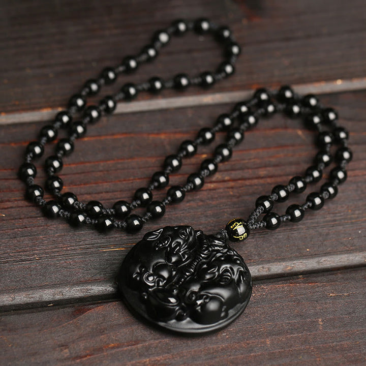 Buddha Stones Zwarte obsidiaan dubbele PiXiu kraal touw Ketting hanger - image 3