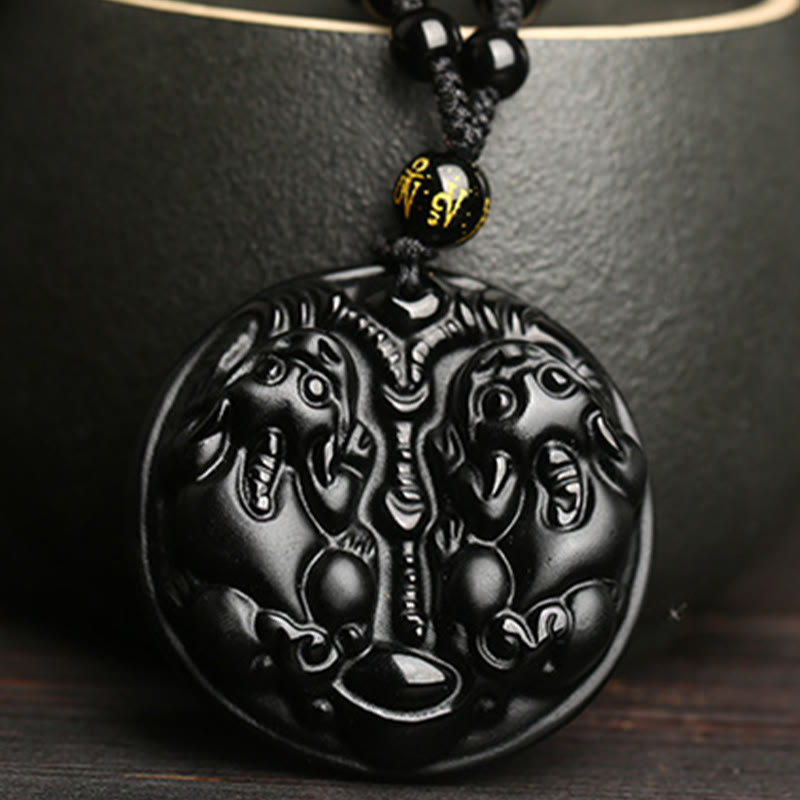 Buddha Stones Zwarte obsidiaan dubbele PiXiu kraal touw Ketting hanger - image 2