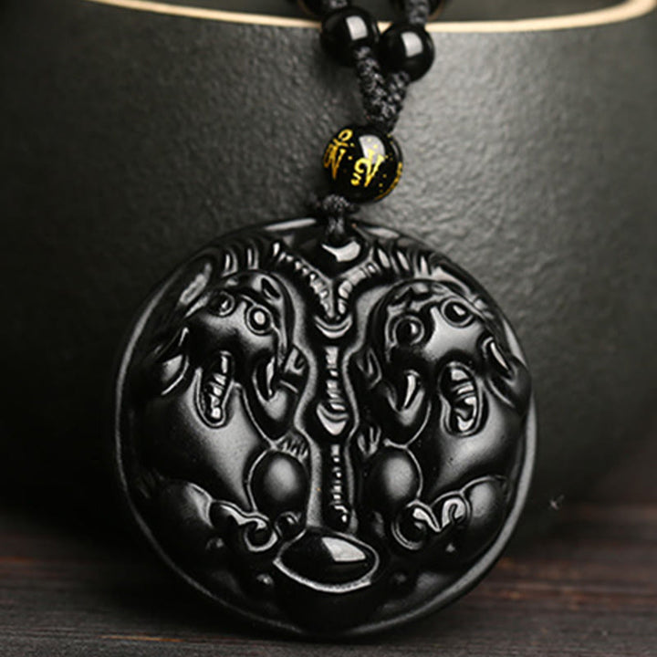 Buddha Stones Zwarte obsidiaan dubbele PiXiu kraal touw Ketting hanger - image 2