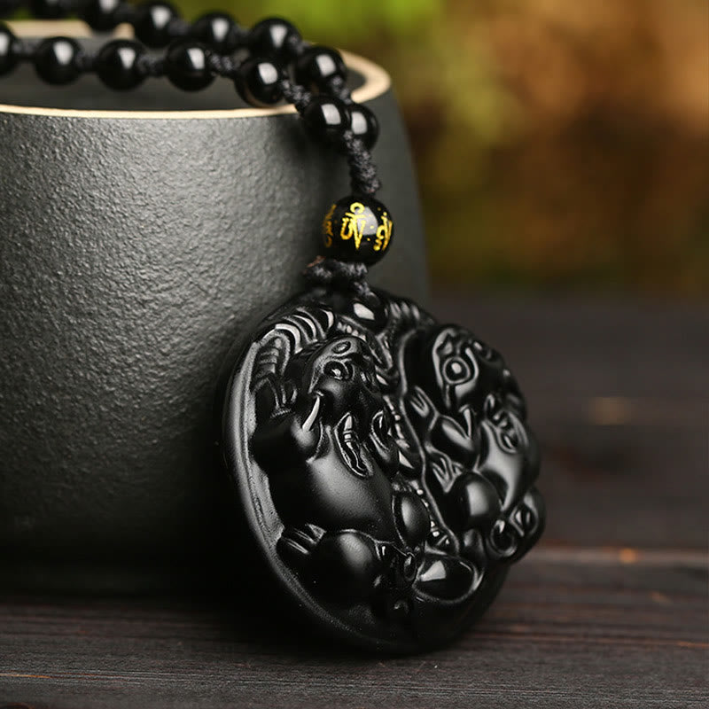 Buddha Stones Zwarte obsidiaan dubbele PiXiu kraal touw Ketting hanger - image 5