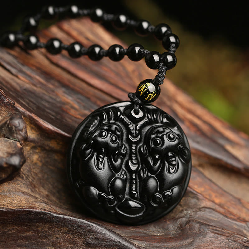 Buddha Stones Zwarte obsidiaan dubbele PiXiu kraal touw Ketting hanger - Zwarte obsidiaan - image 0